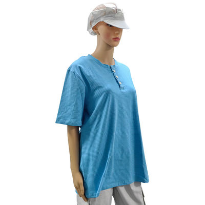 Καθαρό δωμάτιο 99% Βαμβάκι+1% Άνθρακα Γαλάζιο Unisex ESD Αντιστατικό T-shirt με 3 κουμπιά