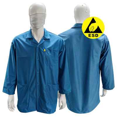 Μπλε πλέσιμο καθαρό δωμάτιο ESD Smock Αντιστατικά ρούχα Ενδύματα με 96% πολυεστέρα + 4% άνθρακα